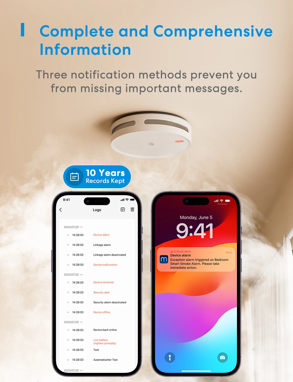 Meross WLAN-Smart-Rauchmelder MA151 mit integriertem 10-Jahres-Akku, Alarmsensor, kompatibel mit Matter, Alexa, SmartThings – Detail 4