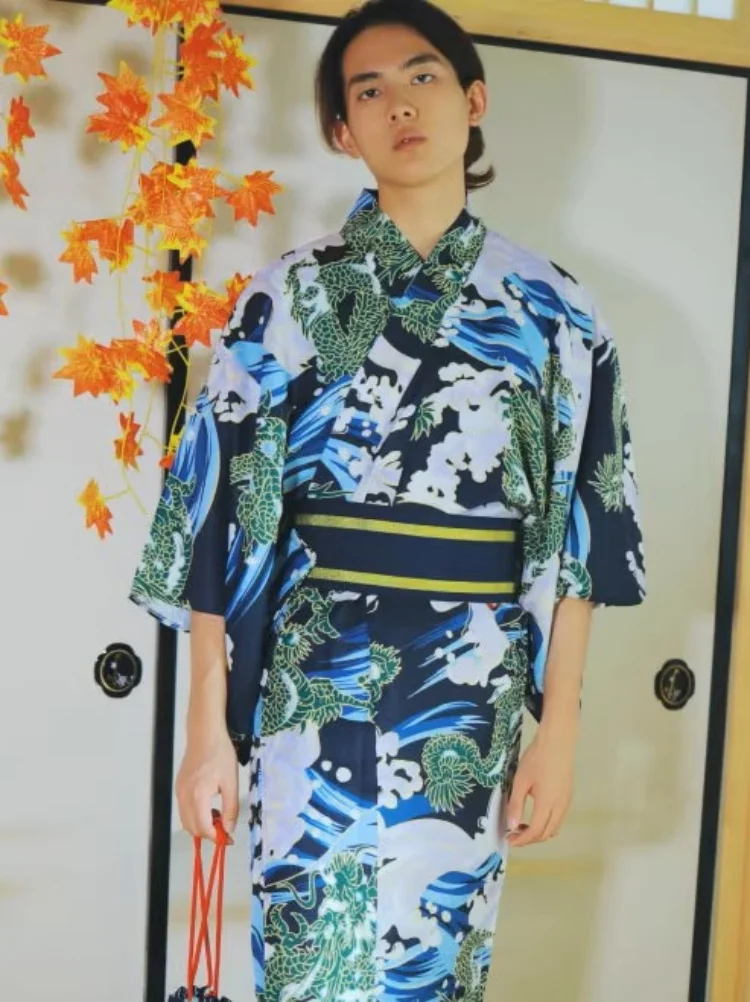 Japanese Style Men's Kimono Formal Attire with Traditional Wave Pattern Travel Photography Set