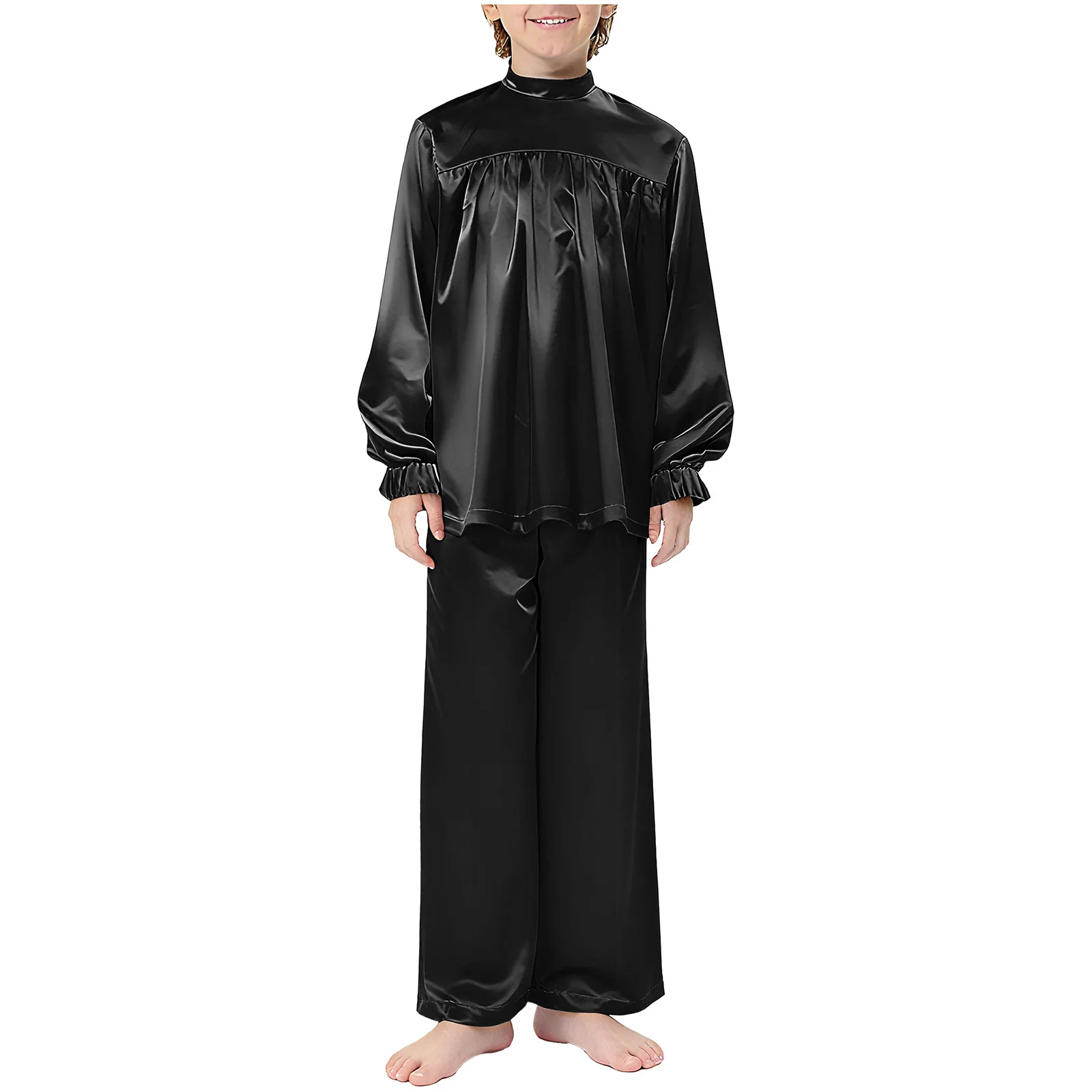 

Kids Boys Church Praise Liturgical Dance Outfit 2-Piece Mock Neck Long Sleeve Satin Top+Wide-Leg Pants Modern Lyrical Dancewear