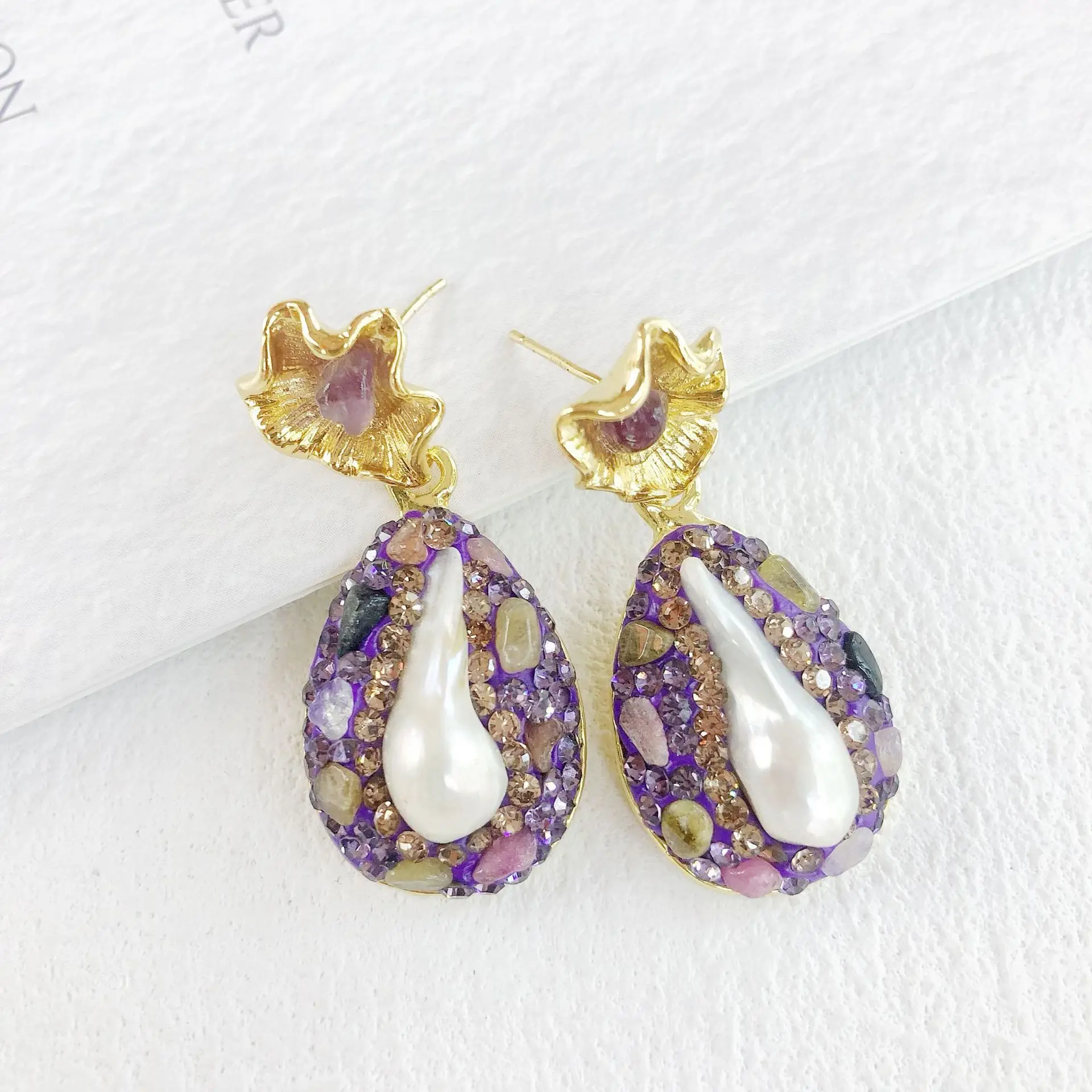 

New Natural Baroque Pearl Earrings Colored Tourmaline Water-Drop Earrings Golden Lotus Leaf Stud Earrings Fashion Jewelry Gifts