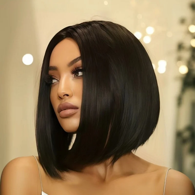 No-lace , African black short bob, middle-parted fluffy synthetic hair wig with straight bangs