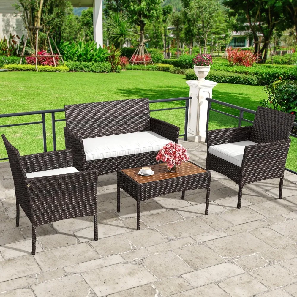 4-Piece Patio Bistro Set, All Weather Outdoor Patio Furniture with Wood Side Table and Soft Cushions