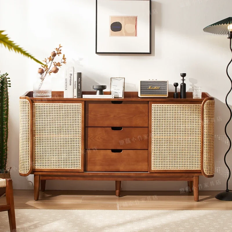 

Solid wood rattan woven dining cabinet, log porch storage cabinet, walnut color living room, wall facing