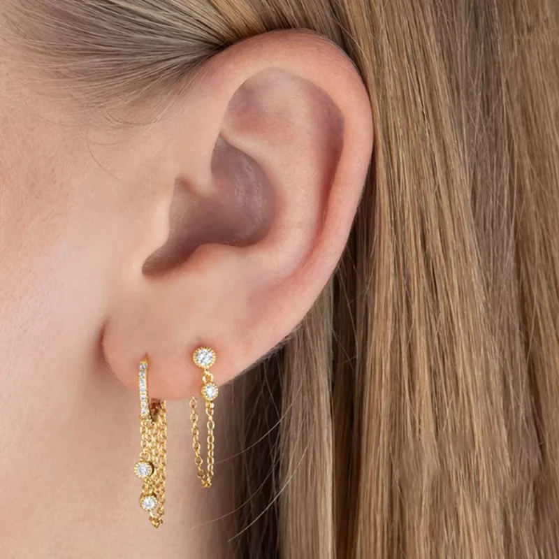 Neu eingetroffene lange Quasten-Ohrringe mit Doppelketten für Damen, koreanischer Edelstahl, Zirkonia, hängende Ohrringe, Piercing-Schmuck – Detail 1
