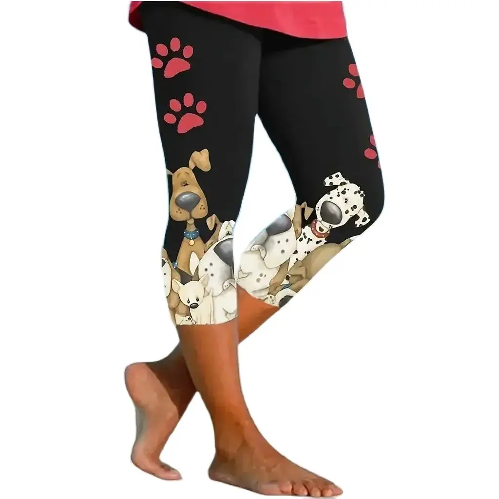 Dog footprints print elastic elastic waist slim casual leggings capri pants for women