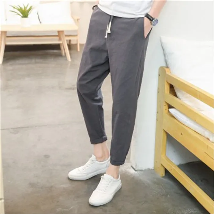 Trendy Cotton Lin Men's Straight Leg Casual Pants Breathable Loose Fit Spor Nine-quarter Length Teenager Summer Loose Clothes