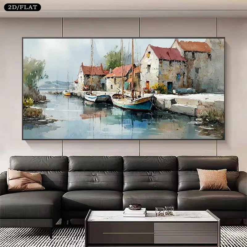 2D Flat, 2D/Flat Printing Large Canvas Painting Depicting a Harbor Scene with Boats and Houses, Measuring 31.49 X 62.99 Inches o