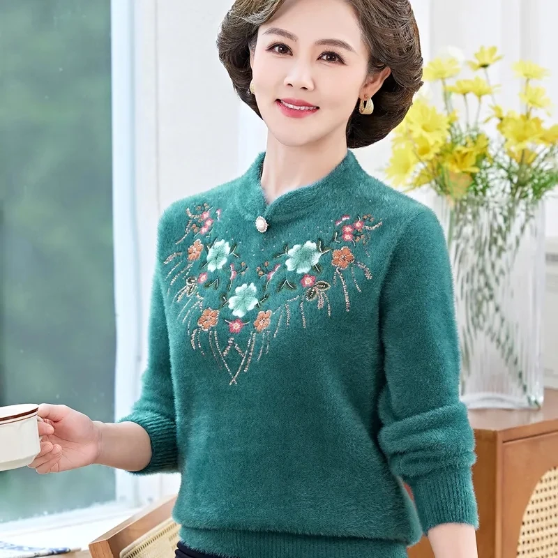 New Faux Mink Velvet Sweater Ladies Embroidered Autumn Winter Bottoming Shirt Middle aged Mother Clothes Female Knitted Sweater