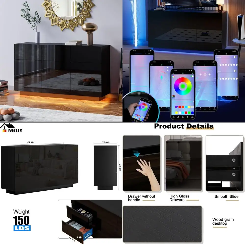 led 9 drawer dresser, black modern dresser with high gloss drawers dual chest of drawers with lights for bedroom (black)