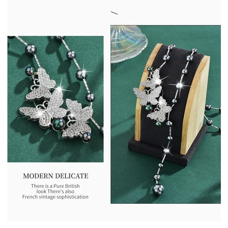 

2025 Fashion tassel long necklace, women's light luxury bow sweater chain, butterfly tassel necklace