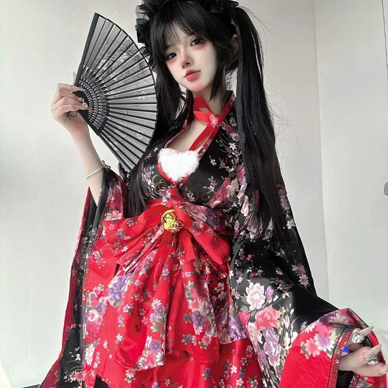 Abito kimono tradizionale giapponese Kawaii Pink Sakura stampato Bowknot Lolita Dress Halloween Party Geisha Costumi Cosplay coscos