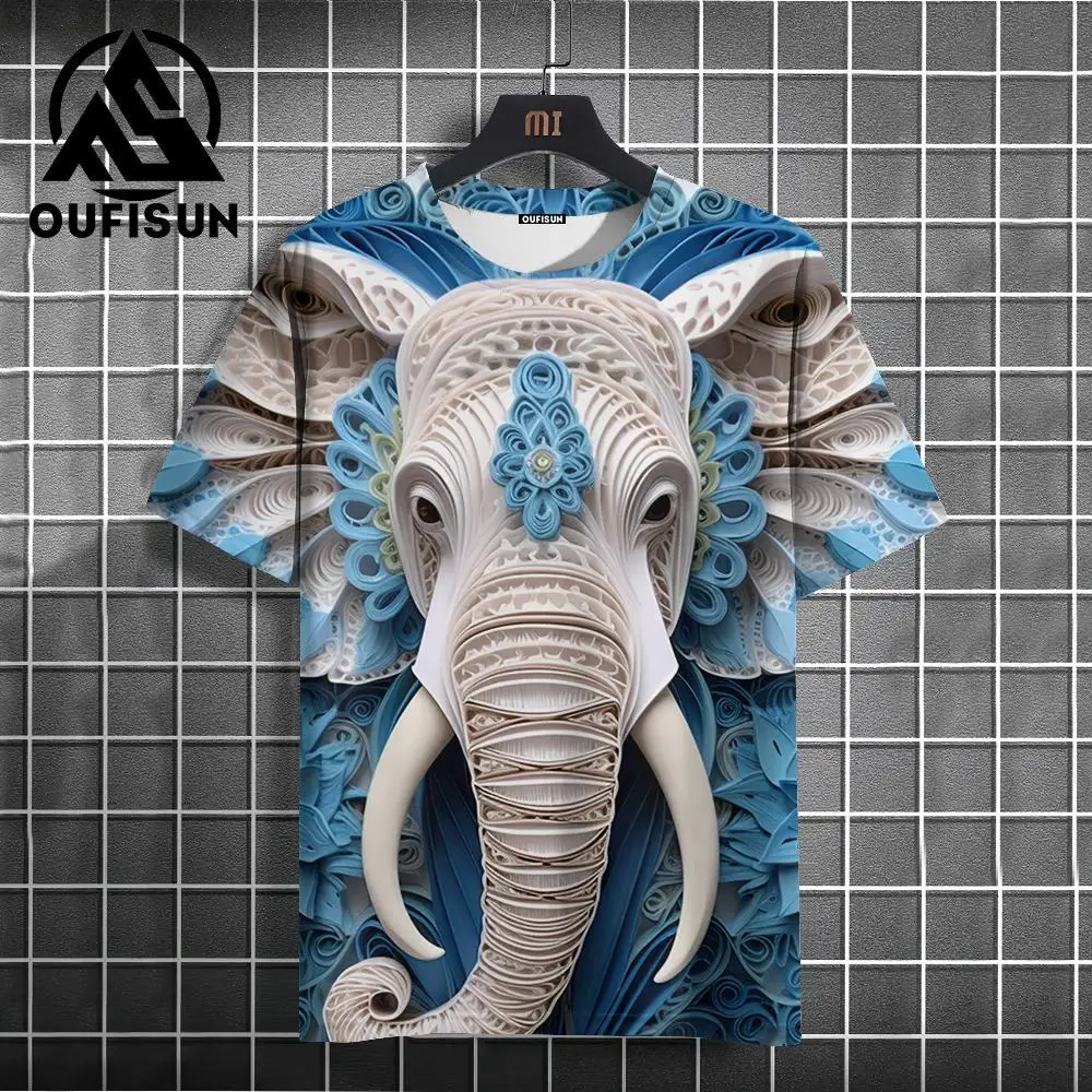 Футболка мужская оверсайз с 3D-принтом слона, уличный топ с круглым вырезом, пуловер в уличном стиле Футболка мужская оверсайз с 3D-принтом слона, уличный топ с круглым вырезом, пуловер в уличном стиле