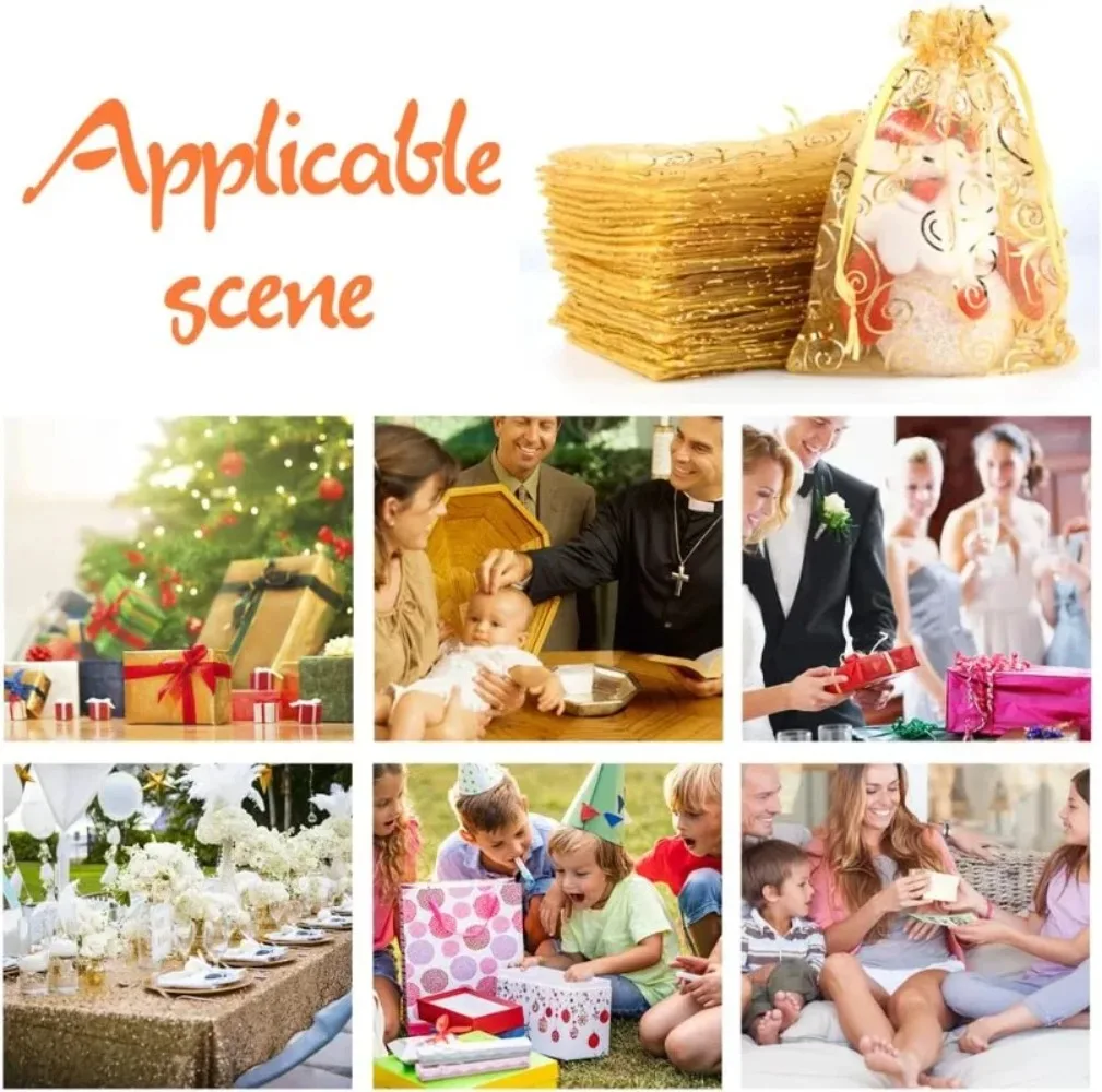 أكياس الحلوى الذهبية اللامعة القابلة للسحب من الأورجانزا لتغليف المجوهرات وعطلات الكريسماس وحفلات الزفاف وأعياد الميلاد وحقيبة تغليف الهدايا