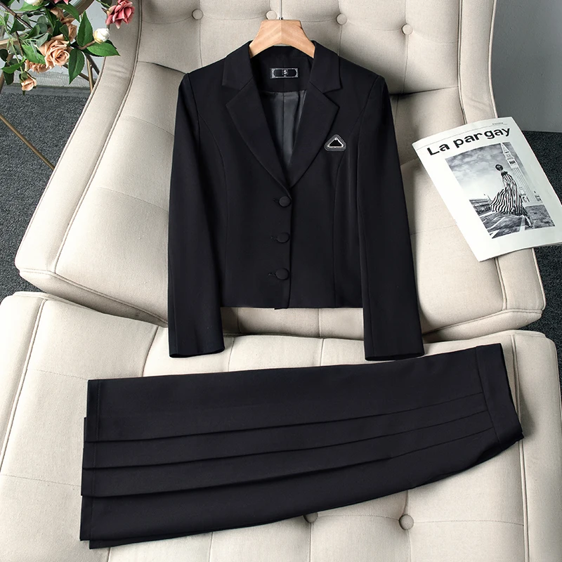 ZJYT Autumn Fashion Blazer Suit with Skirt 2 Pieces Women Outfit Office Lady Work Wear Long Sleeve Jacket Suit Korean Dress Sets