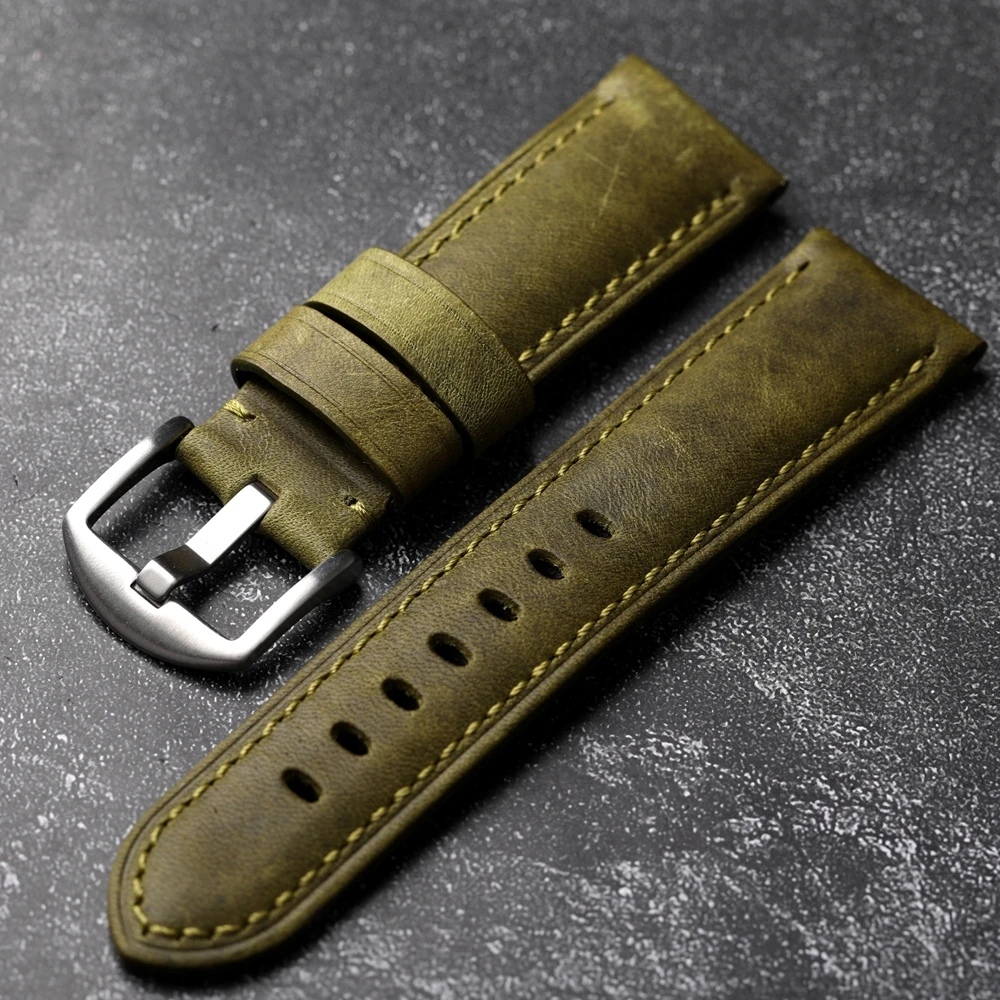 Handmade Head Cowhide Watchband 22 24MM Teal Vintage Genuine Leather For PAM111 441 Vintage Brushed First Layer Cowhide