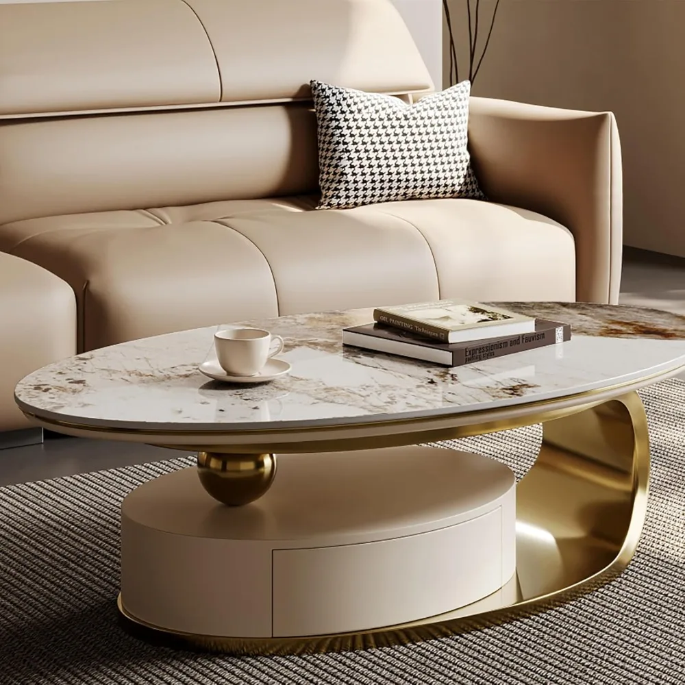 

Modern Oval Coffee Table with Storage Drawer, Marble Top Coffee Table with Gold Base, No Assembly Required, White Oval Center