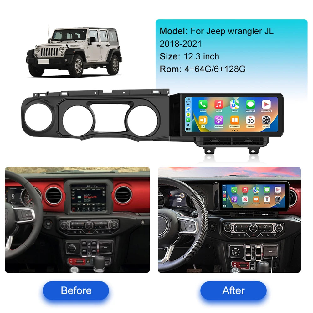 12.3''Navigation 8 core Carplay For Jeep wrangler JL 2018-2021 Multimedia Player Android12 Auto GPS Navi Wireless Head