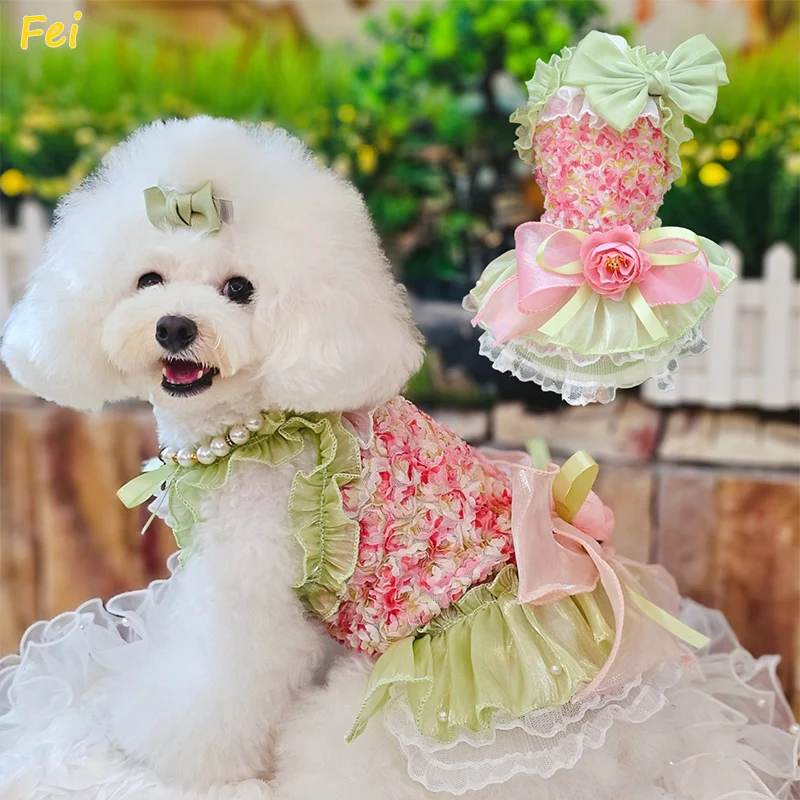 

Summer Pink Green Fashion Puppy Dog Skirt Handmade Roseflower Lace Bow Sling Princess Dress For Small Medium Dog Pet Dog Clothes
