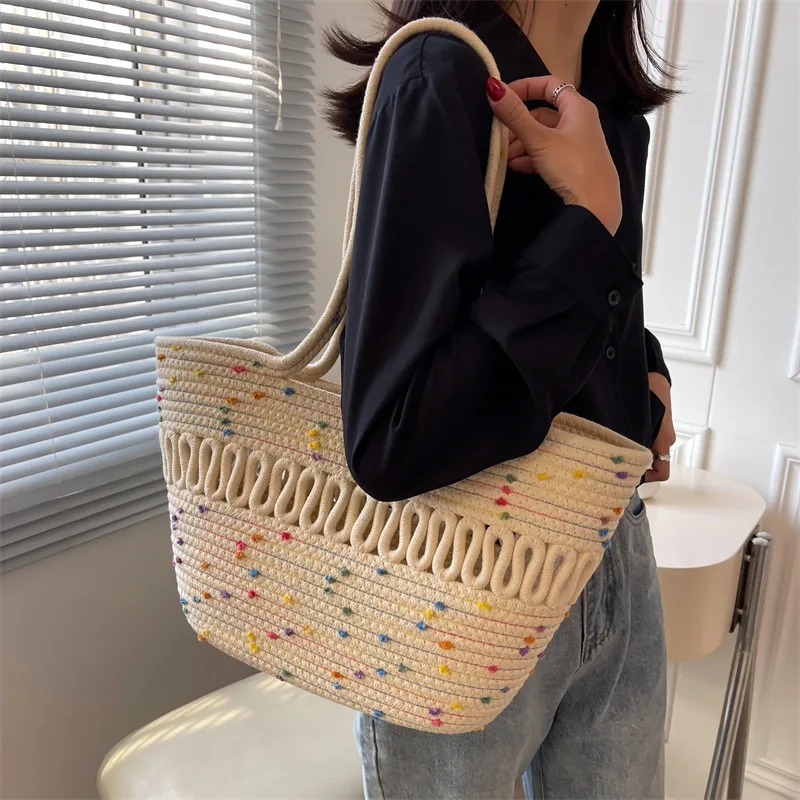 

Single Shoulder Bag Hollowed Out Cotton Thread Woven Bag New Summer High-capacity French Grass Woven Bag Seaside Vacation Beach