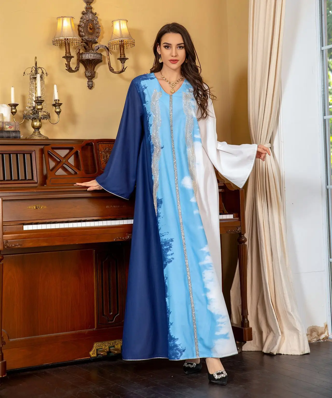 2025 Naher Osten Kleidung Perlenstickerei Muslimisches Kleid Dubai Saudi Tie Dye Hot Diamond Robe Elegante Abendkleider