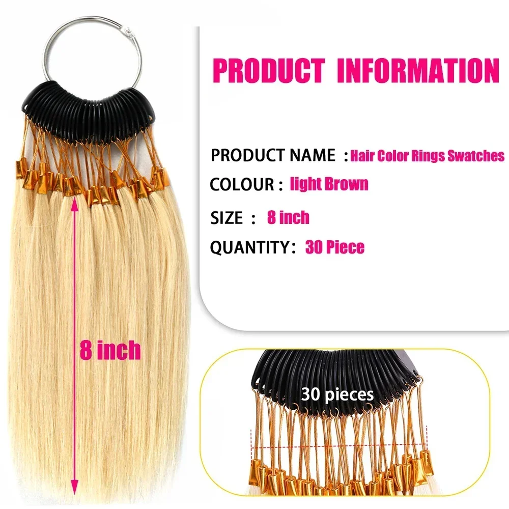 Virgin Hair Color Swatch Ring, 100% cabelo humano, amostras de extensão, testes, cabeleireiro, 30pcs por conjunto