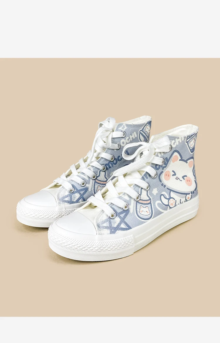 Amy und Michael Niedliche Cartoon-Katzen High-Top Canvas-Schuhe für Damen, Kawaii Weiße Schnürschuhe, Lässige Sneakers für Teenager-Mädchen, High-Top-Schuhe – Detail 9