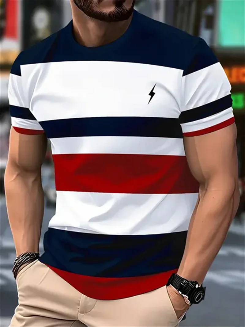 Herren T-Shirt mit rot-weiß-blauem Streifen- und Blitzmuster, lässiger Rundhalsausschnitt, kurze Ärmel, nautischer Stil, Streetwear-Oberteil