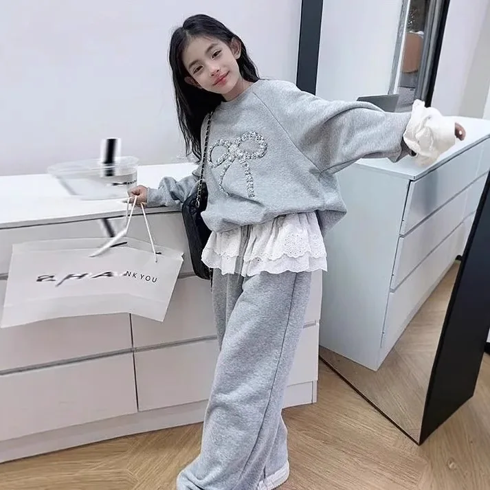 2025 الخريف الشتاء فتاة القماش الدب الدانتيل فضفاض القوس البلوز تي شيرت أعلى + واسعة الساق بانت المراهقين الطفل مجموعة 4 10 12 15 سنة #2