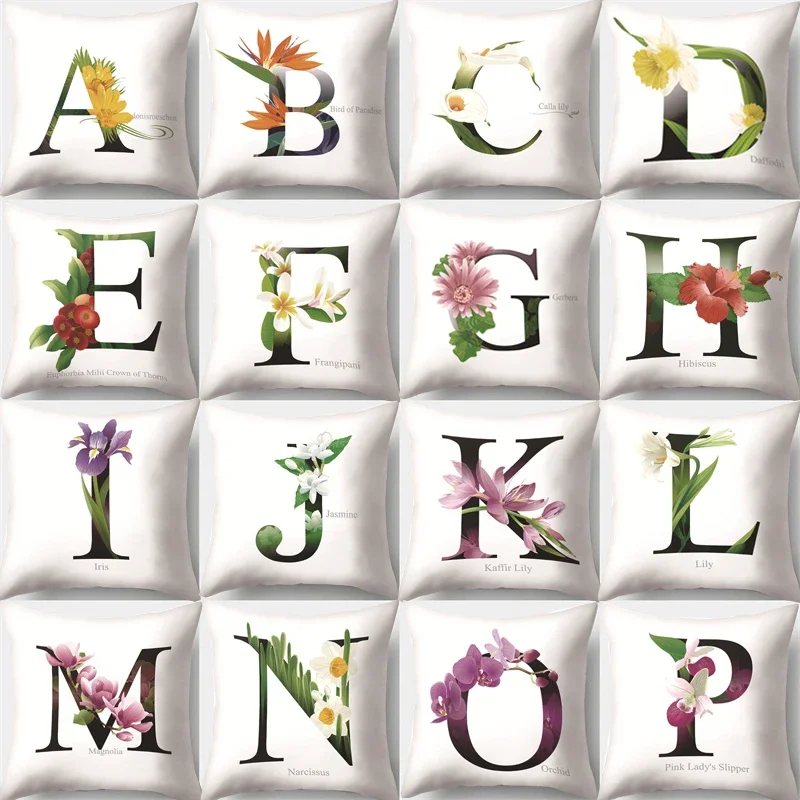 A-Z Letter Alphabet Polyester Pillowcase Car Waist Throw Cushion Cover Leaves Sunflower Plant Pillow Cases Sofa Home Decoration