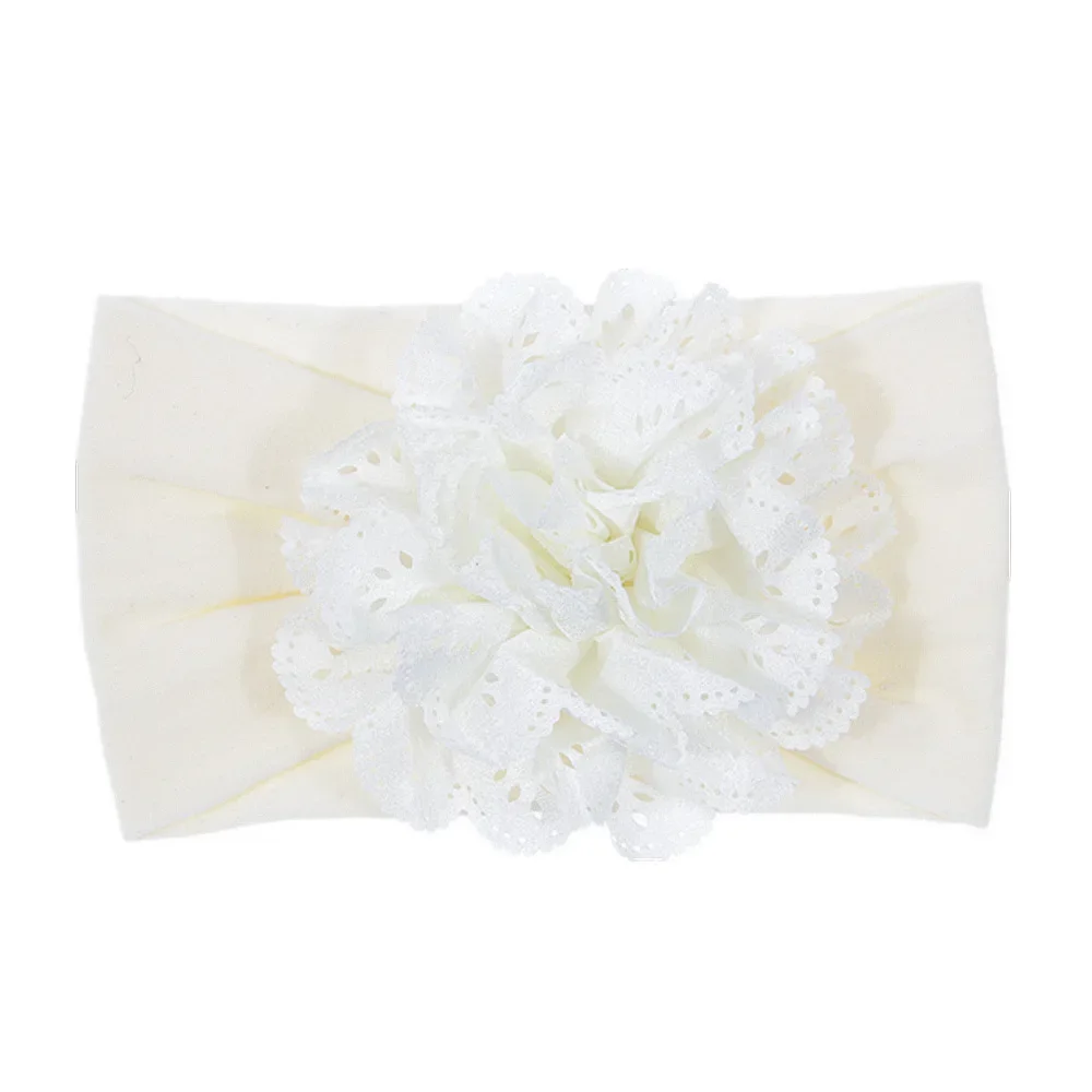 New Soft Stretch Eyelet Fabric Flower Baby Headband Newborn Knot Wide Nylon Headwraps Turban Girls Headwear Kids Photo Props