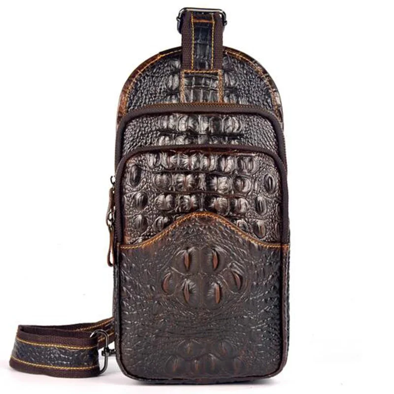 

Travel Sling Shoulder Bags Crocodile Pattern Chest Back Pack High Quality Oil Wax Cowhide Genuine Leather Men Messenger Bag