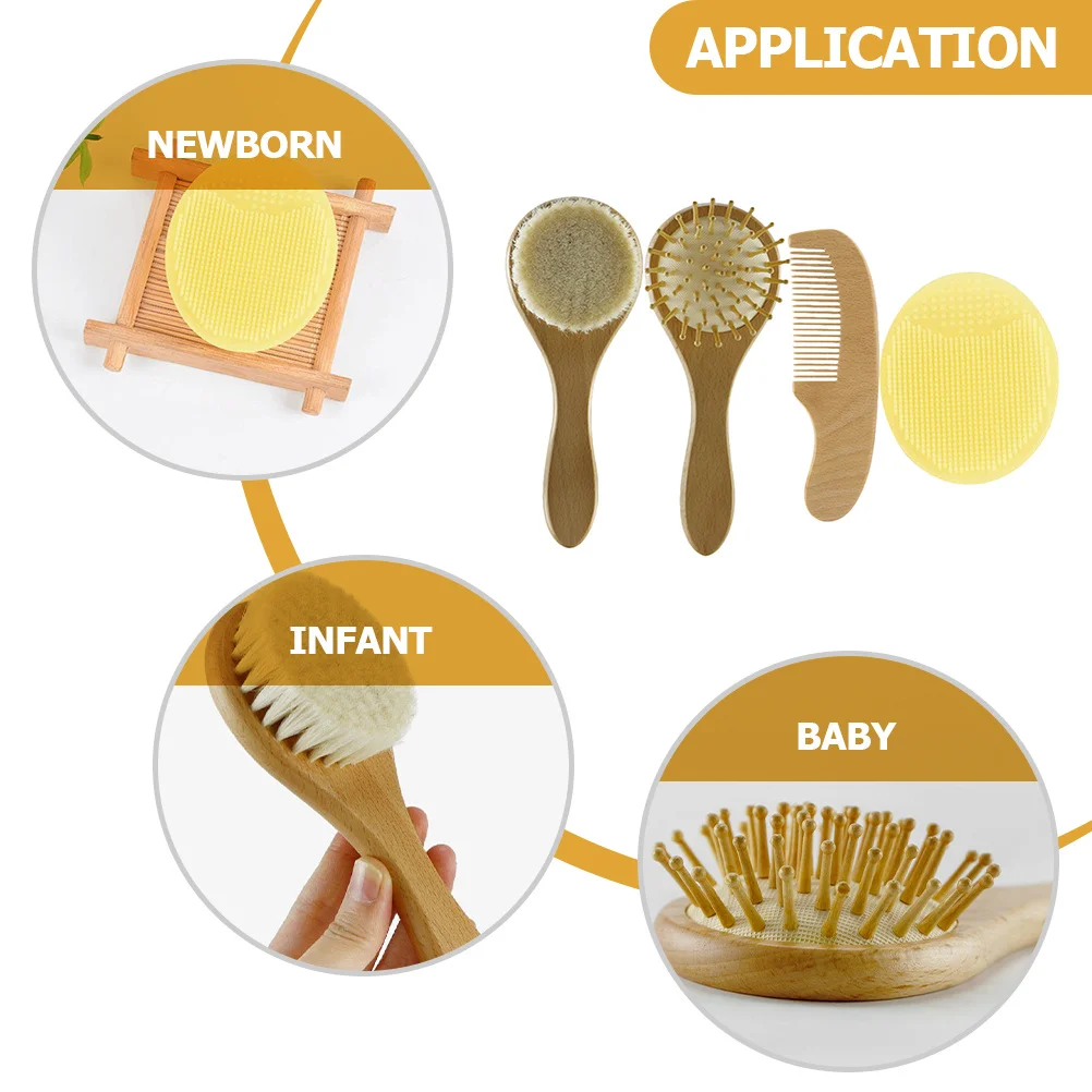 

1 комплект детских щеток для волос, шерстяная расческа, силиконовый скребок для ванны для новорожденных, мягкий уход за кожей головы, подарок для младенцев, детская щетка для волос, деревянная расческа для младенцев