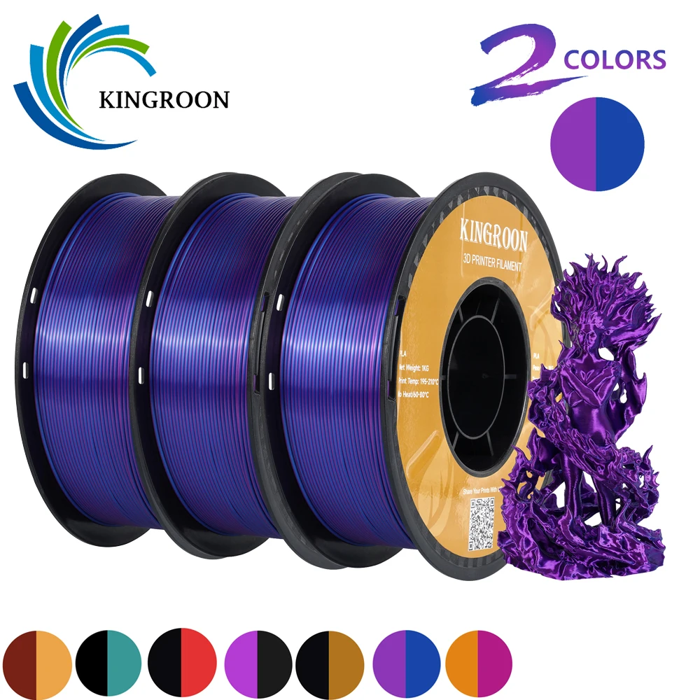 KINGROON Dual-color Silk PLA Filament 1.75mm 2 Color Coextrusion Glossy 3D Printer Filament PLA, 3kg/pack 1kg each spool