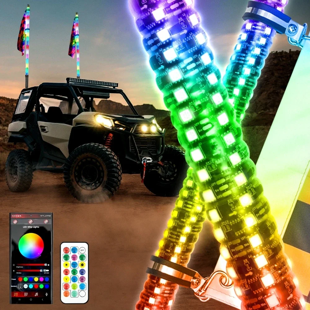 2Pcs LED Whip Lights RGB Multi-Color Flagpole Lamp Bowlight with Brake Lamp Turn Signal Light APP+Remote Control for Offroad ATV