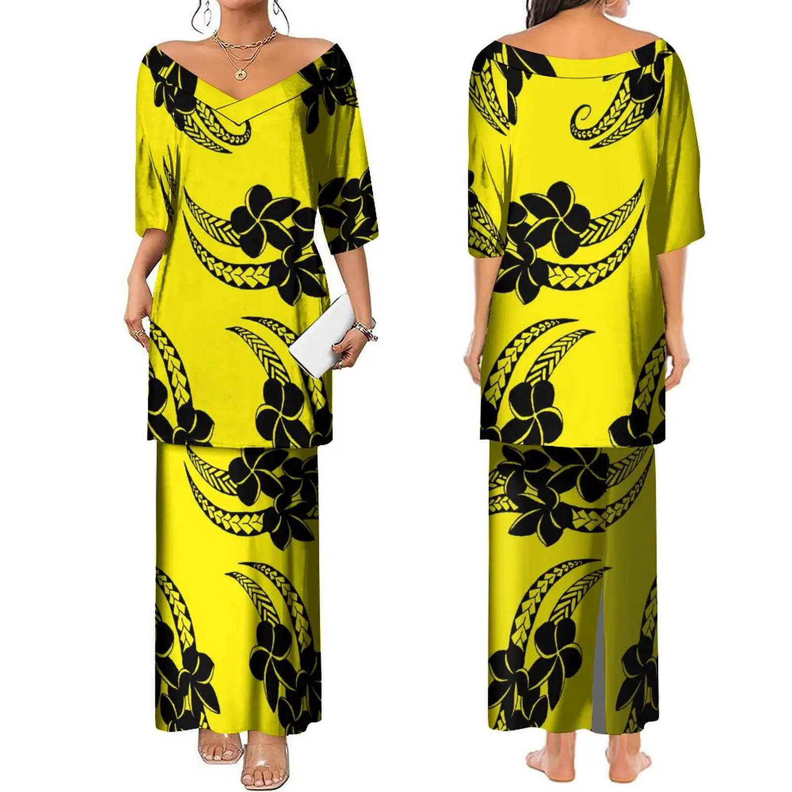 Wholesale Price Polynesian Tribal V-Neck Puletasi Dress Samoan Customized On Demand Elegant Puletasi Dress