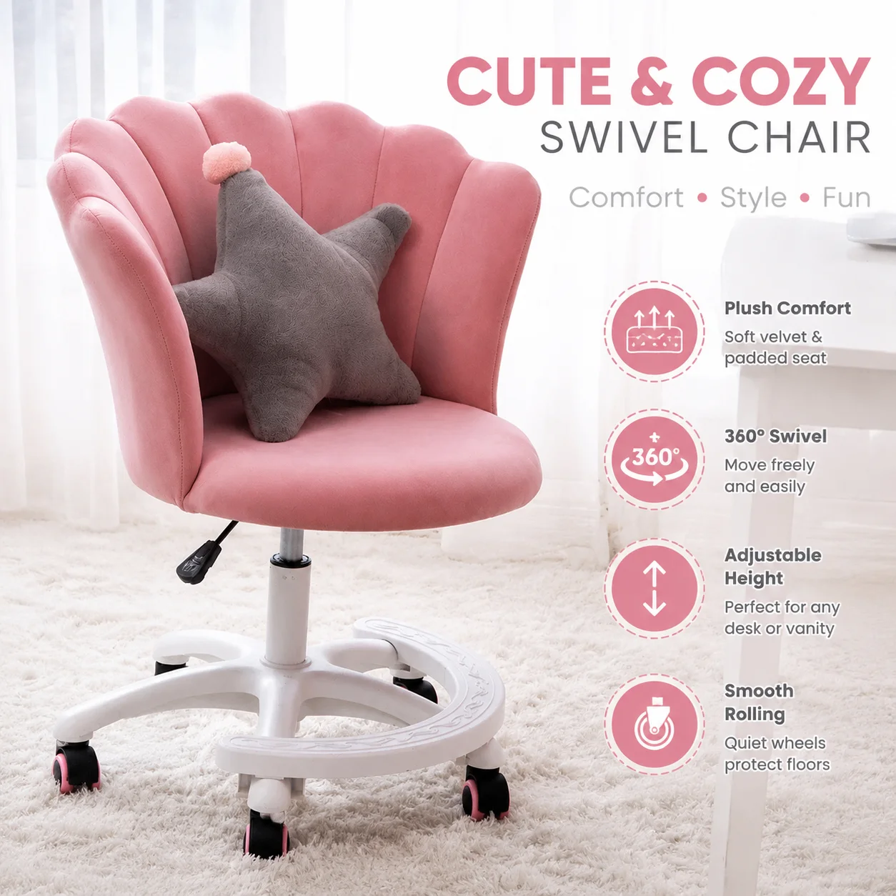 Pink Nordic-Style Rotating & Height-Adjustable Vanity Chair with Casters for Bedroom or Living Room