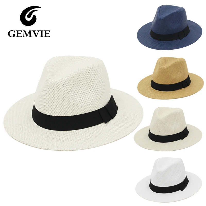 Summer Straw Panama Hat for Women Men Wide Brim Outdoor UV Protection Sun Beach Fedora Hats with Black Hatband