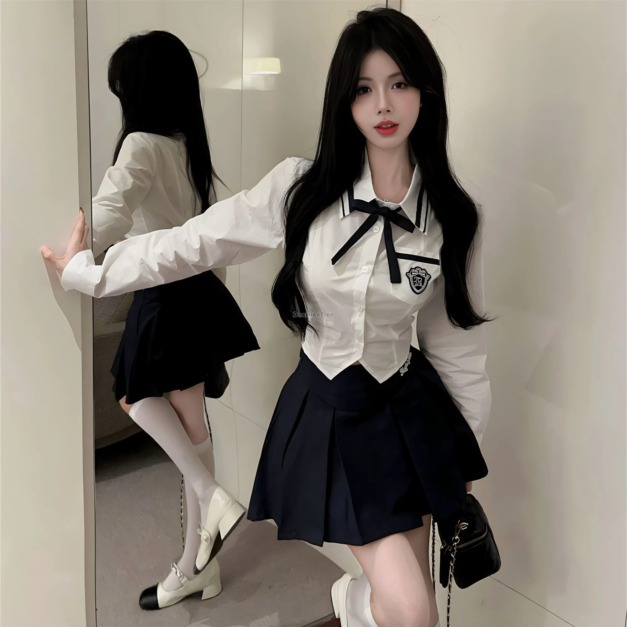 2024 preppy jk uniform set women fashion long-sleeved shirt high-waisted pleated short skirt two-piece set  daily jk set b222