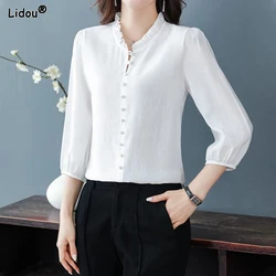 Fashion Elegant Blouses Solid Color Patchwork Button Ruffled Three Quarter Sleeve Summer Thin Simplicity Women's Clothing 2023