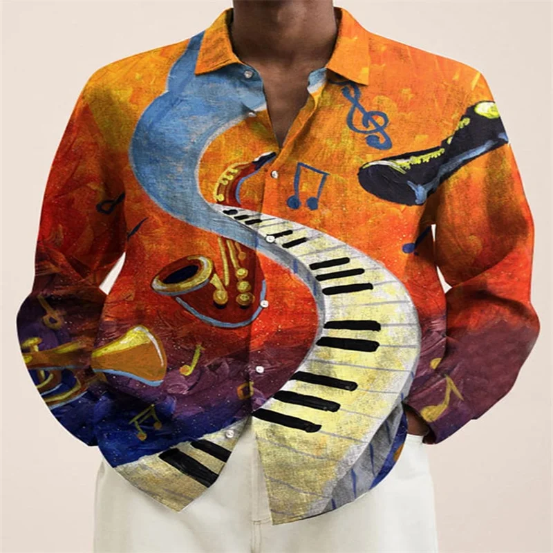 2025 New Men's 3D Art Painting Fashion Print Single Breasted Long Sleeve Shirt Casual Shirt Men's Loose Lapel Long Sleeve