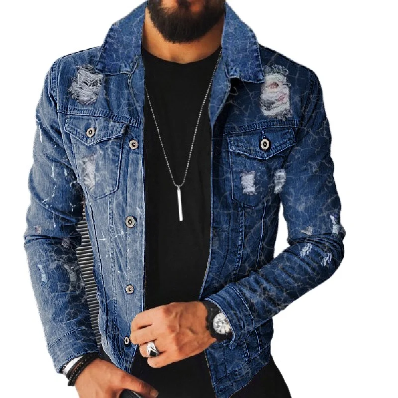 

Men's Ripped Jeans Jacket With Holes Washed Vintage Distressed Denim Coat Fashion Torn Cowboy Outerwear For Male