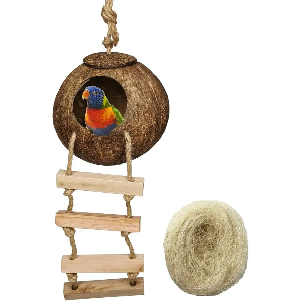 

Natural Wooden Bird House with Ladder, Shell Nest, Breeding, Swing, and Cage Accessories for Parrots, Lovebirds, Canaries, and S