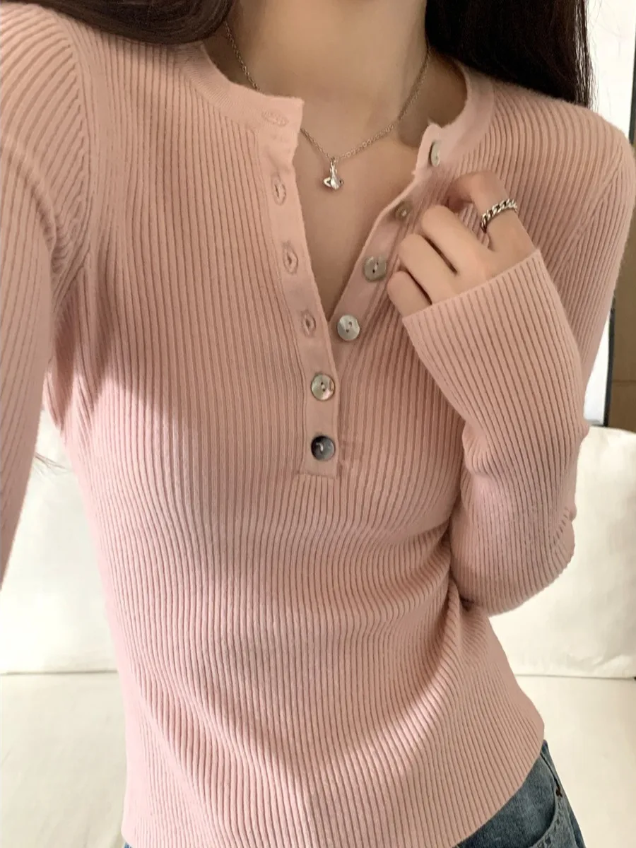 Korean Sle Slim Fit Knitted Sweater Women's Long Sve Button up Base Layer Top Ele White Design Autumn Winter Faion