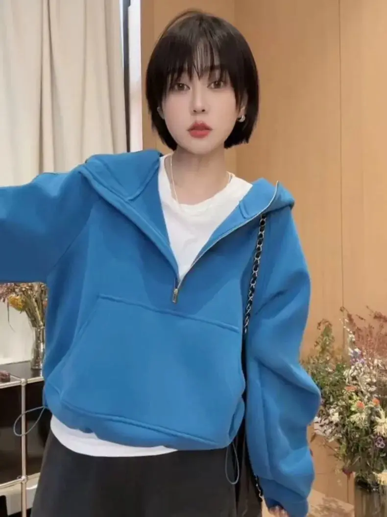 Ins Half Zipper Hooded Hoodie Jacket Women's New Casual Loose Fat MM Slimming Top