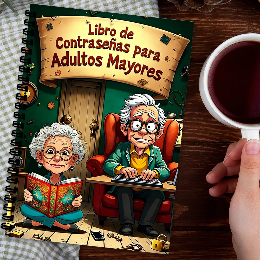 1PC Retro Senior Couple Spanish Password Keeper Book Spiral Notebooks, For Senior Adults, Easy Password Organization, Digital Se
