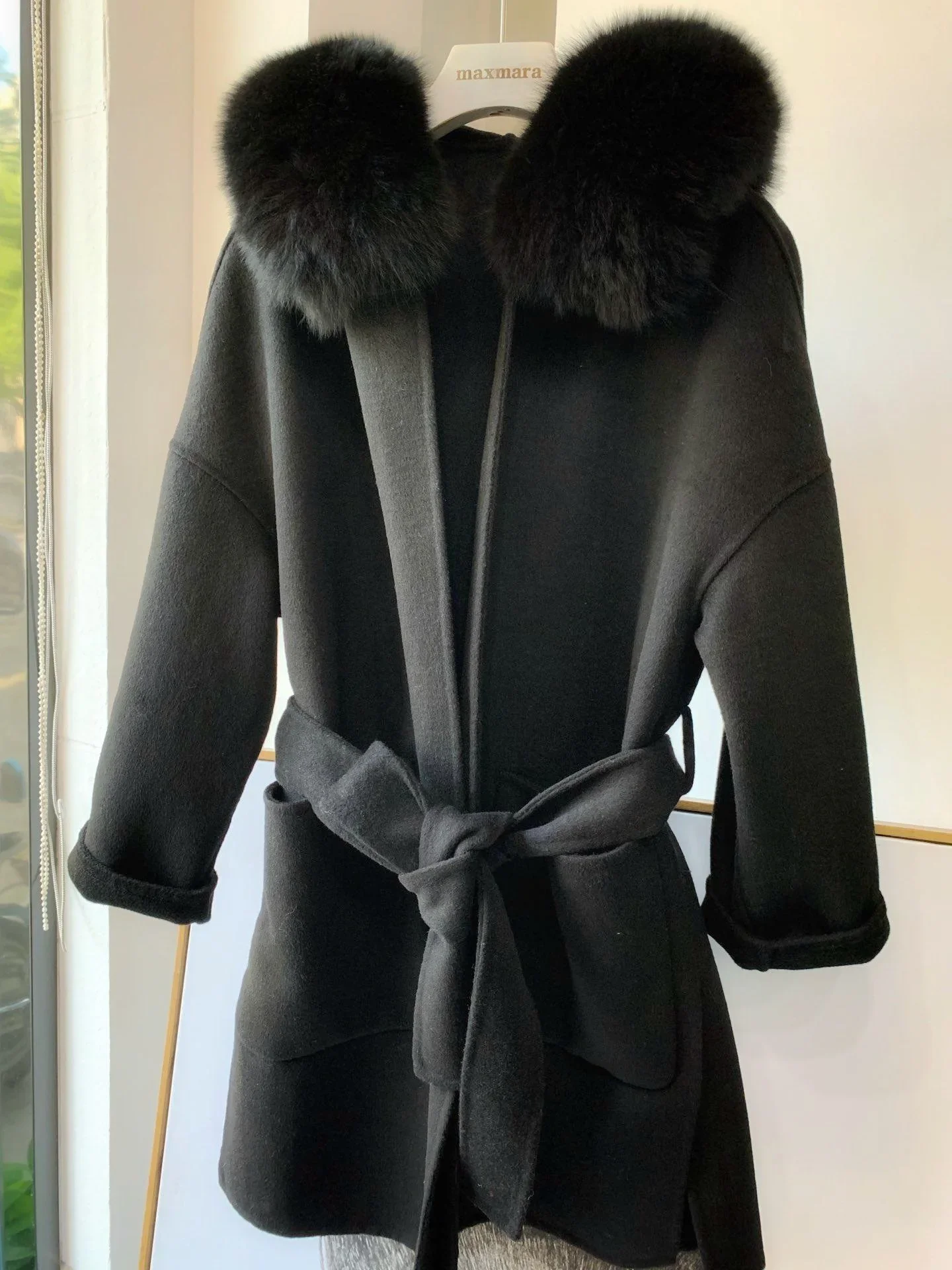 

Autumn Winter Fox Fur Collar Double-sided Cashmere Coat Women Midi Lapel Neck Luxury Jacket with Hooded Loose Belt Warm Fashion