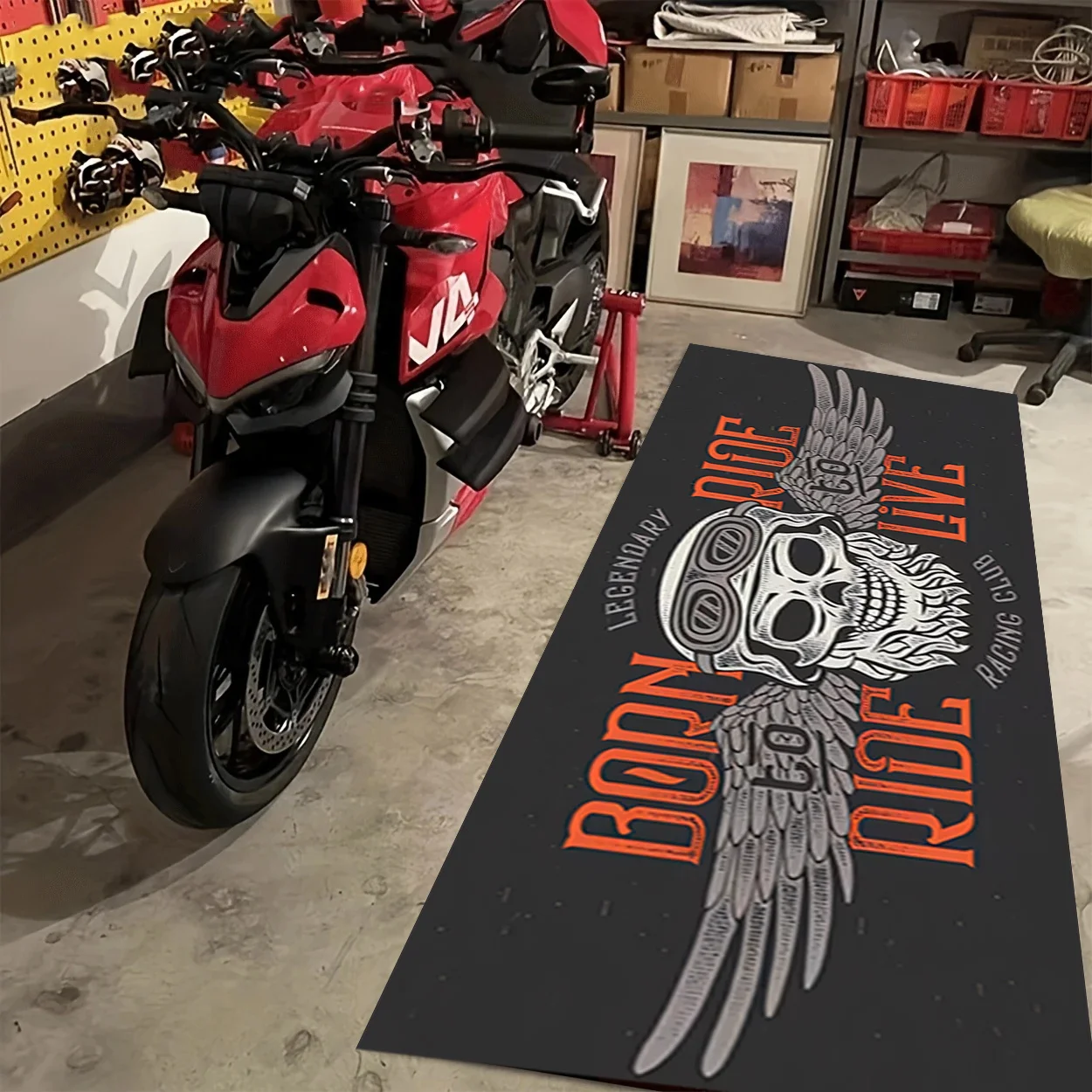 VIKAMA Black Skull Motorcycle Stripe Cooler, minimalistischer langer Teppich, pflegeleichte, faltbare, bedruckte Bodenmatte für den Innen- und Außenbereich