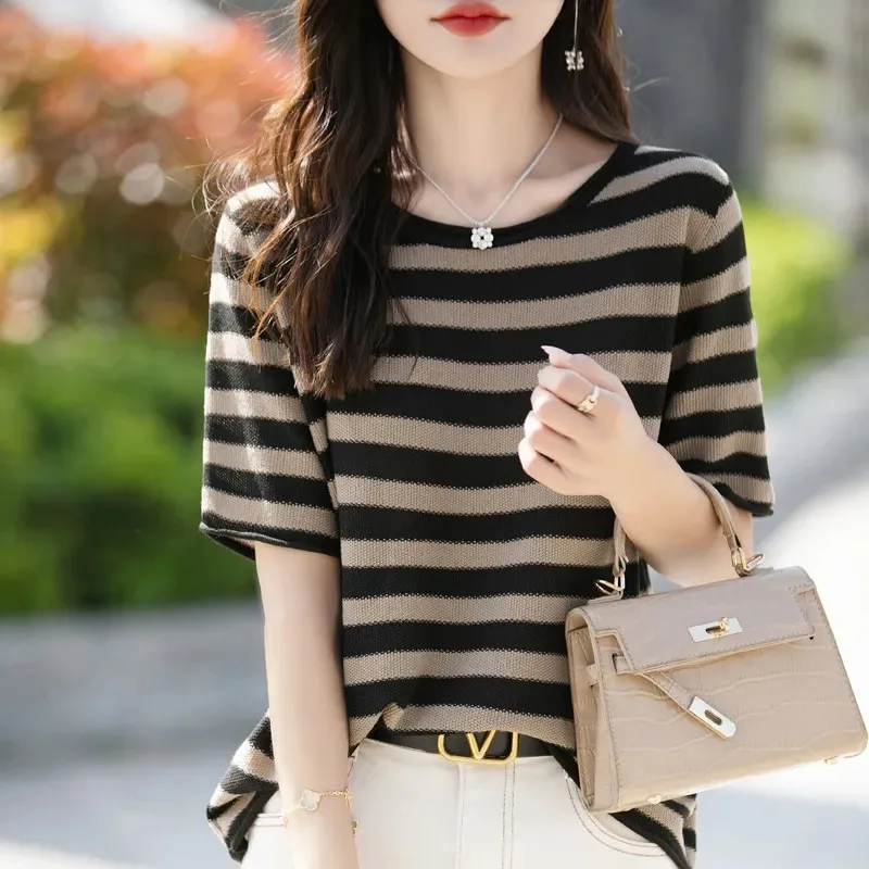 

Women's Black Khaki Striped Knit Top Casual Loose Short Sleeve Sweater