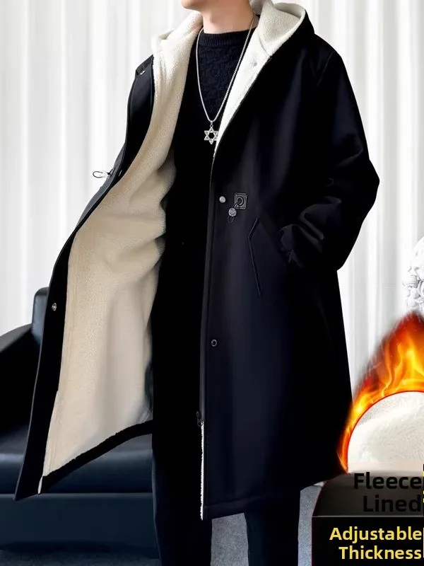 

Lamb Velvet Hooded Jaet Men's Winter Thiened Warm Cotton Coat over Knee Length Waist Adjustable Outerwear Faionable