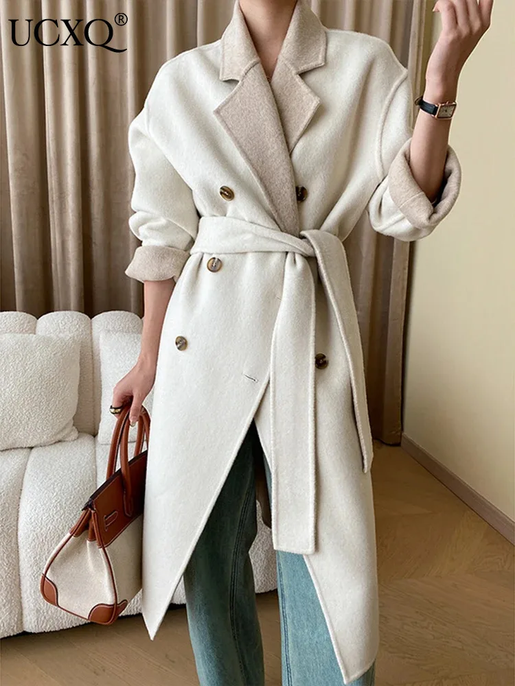 

UCXQ Elegant Woolen Coat European Style Reversible All Match Lace Up Waist Warm Fashion Long Jacket Women 2024 Autumn Winter 996